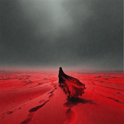 The primary subject of the image is a person, likely a woman, walking across a desert-like landscape. The setting is a red-hued environment, possibly a desert or a dirt field, with a sky visible in the background. The visual style of the image is a combination of photo and digital art, creating a surreal and dramatic atmosphere. The dominant colors in the image are red and orange, which contribute to the overall mood of the scene.
